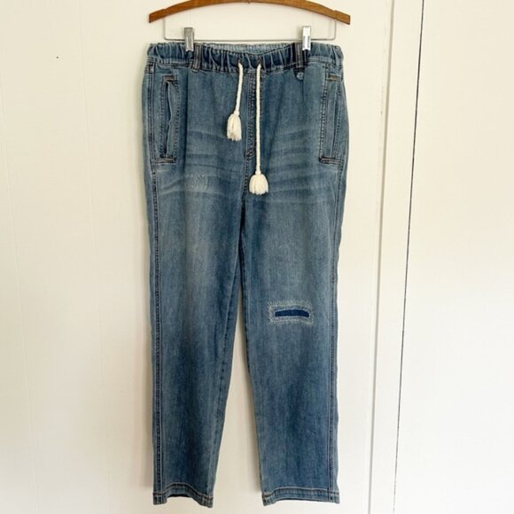 Sundance Distressed Repaired Jeans Pull-On StretchDrawstring Waist Size M - Picture 1 of 5